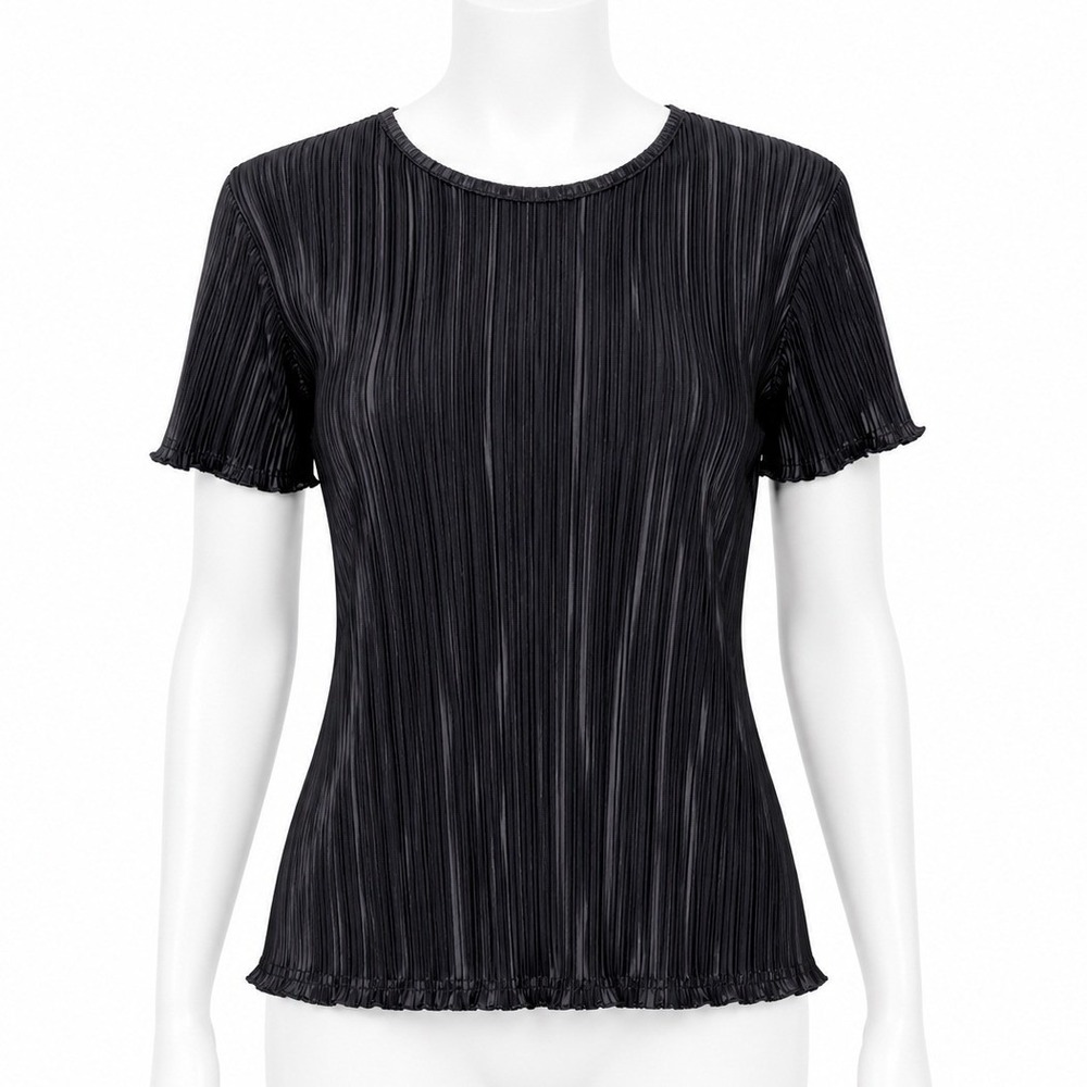 Marshall Rousso Pleated Top Women Medium Black Short Sleeve Plisse Lettuce Edge